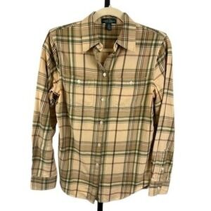 LRL Ralph Shirt Lauren Women's Size Small Beige Green Brown Plaid Flannel Top